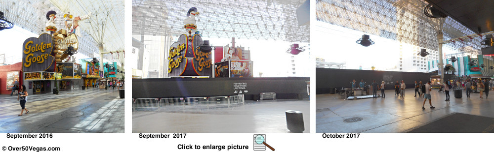 Similar views along the Fremont Street Experience taken about 14 months apart. To help orient yourself to the view find Binion's in the photos on the left and the right.   Click on the image to enlarge it.